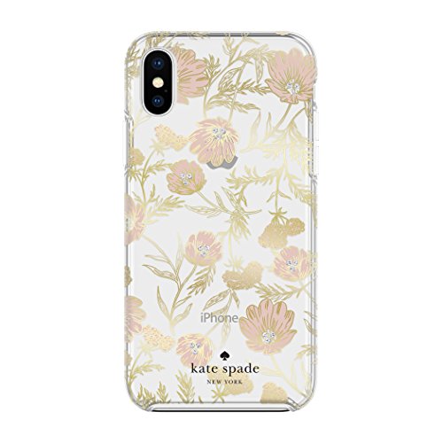 KATE SPADE NEW YORK PHONE CASE | FOR APPLE IPHONE X AND 2018 IPHONE XS | PROTECTIVE PHONE CASES WITH SLIM DESIGN, DROP PROTECTION, AND FLORAL PRINT - BLOSSOM PINK/GOLD WITH GEMS