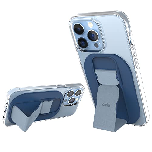 CLCKR PHONE HOLDER & GRIP FOR MAGSAFE, ADJUSTABLE MAGNETIC STAND & FINGER HOLDER, DESIGNED FOR IPHONE 14 PRO, 14 PRO MAX, 14, 14 PLUS, IPHONE 13 PRO, 13 PRO MAX, IPHONE 12 MODELS – BLUE