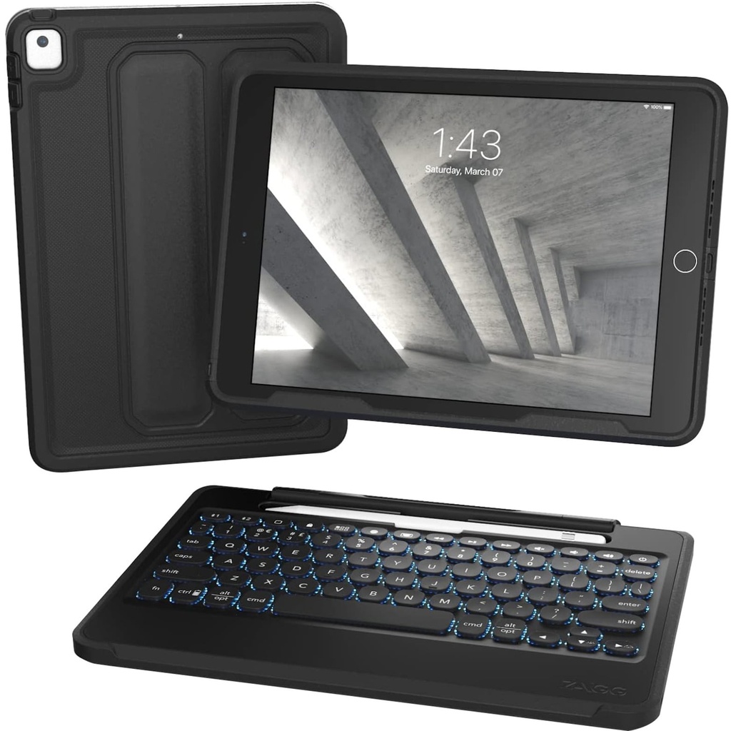 ZAGG RUGGED BOOK DETACHABLE CASE AND MAGNETIC-HINGED KEYBOARD FOR IPAD AIR 3, IPAD PRO 10.2" AND 10.5" (9TH GENERATION), MULTI-DEVICE BLUETOOTH PAIRING, BACKLIT, DURABLE, BLACK