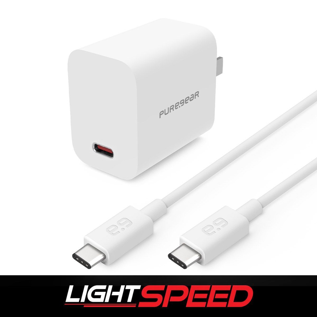 PUREGEAR LIGHTSPEED - 20W SINGLE USB-C PD WALL CHARGER + USB-C TO USB-C CABLE - WHITE