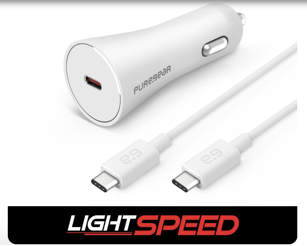PUREGEAR LIGHTSPEED - 20W SINGLE USB-C PD CAR CHARGER + USB-C TO USB-C CABLE - WHITE