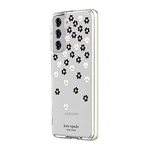 KATE SPADE NEW YORK DEFENSIVE HARDSHELL CASE COMPATIBLE WITH SAMSUNG GALAXY S21 5G - SCATTERED FLOWERS BLACK/WHITE/GOLD GEMS/CLEAR/WHITE BUMPER