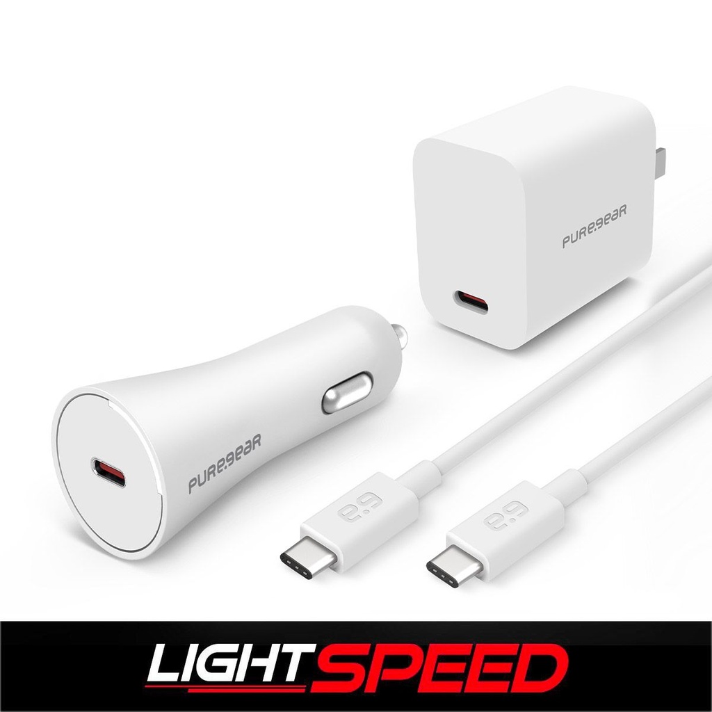 PUREGEAR LIGHTSPEED - 20W SINGLE USB-C PD WALL CHARGER + USB-C CAR CHARGER + USB-C TO USB-C CABLE - WHITE