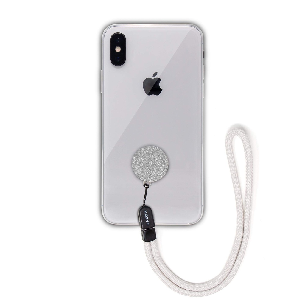 MOXYO ZIGI BAND UNIVERSAL ADJUSTABLE WRIST STRAP GRAY PHONE LANYARD, GLITTER ADHESIVE DEVICE PATCH COMPATIBLE WITH ALL SMARTPHONES - SILVER